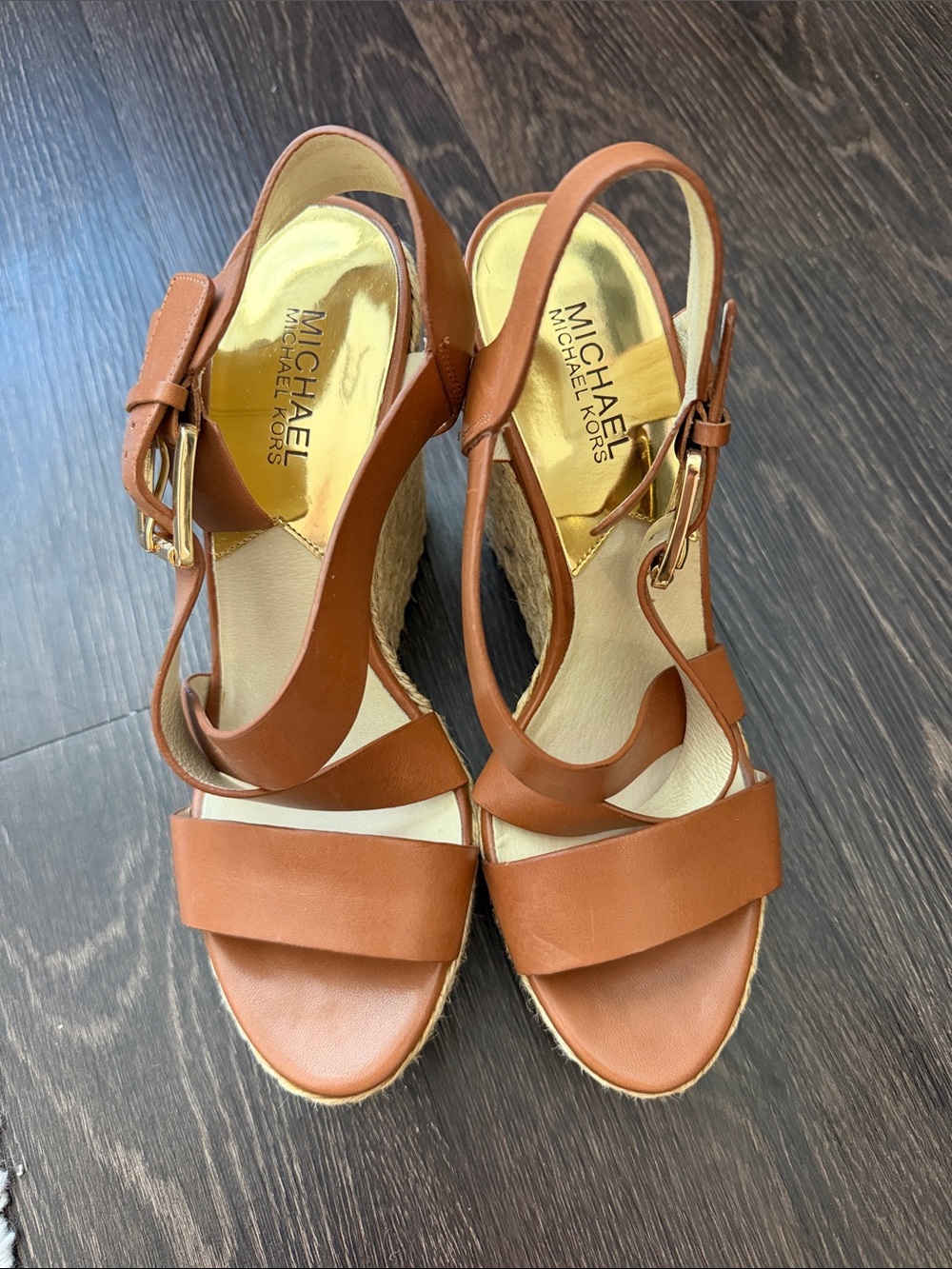 Michael Kors Cognac Leather Espadrille Wedge Sandals